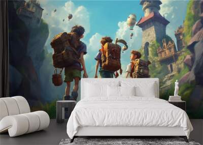 school childern adventure fantasy illustration painting, generative ai Wall mural