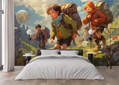 school childern adventure fantasy illustration painting, generative ai Wall mural