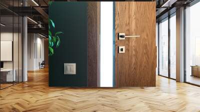 Light a door ajar. Wooden door in a beautiful interior. Wall mural