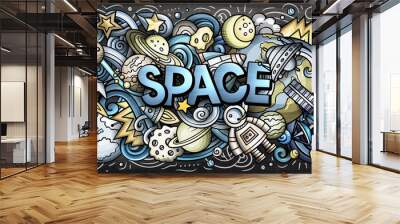 Cartoon cute doodles Space word Wall mural