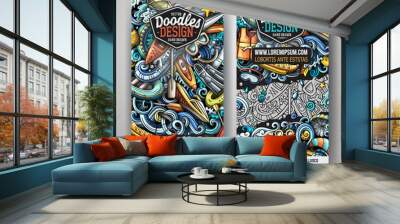 Cartoon vector doodle set of Water Sports corporate identity templates. Funny Summer Activities colorful and line art banners design Wall mural