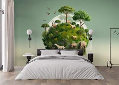 Abstract concept of the earth and animal  day  in forest with protected animals in glass globe. Generative AI. Wall mural