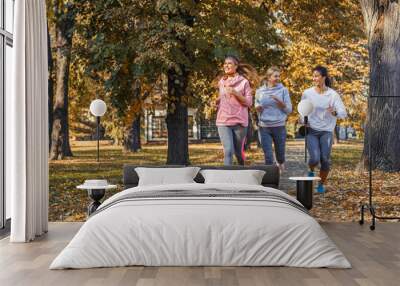 Group of female friends jogging at the city park.Autumn season. Wall mural