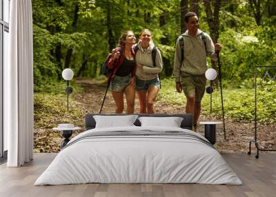 Group of friends hiking in nature.They walking trough forest and meadows.	
 Wall mural