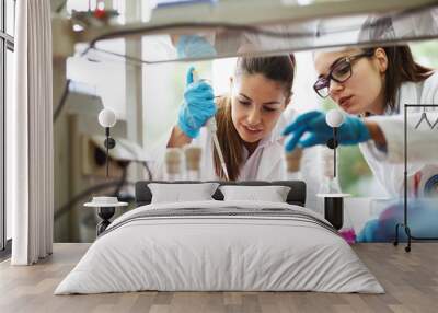 two dedicated female lab scientists meticulously work together, focusing on chemical research and ex Wall mural