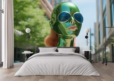 a person wearing a shiny green bodysuit and sunglasses Wall mural