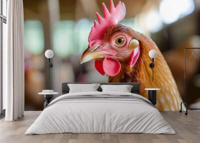 Close-up of a chicken in a farm setting Wall mural