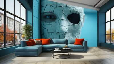 Cracked and weathered face in blue tones Wall mural