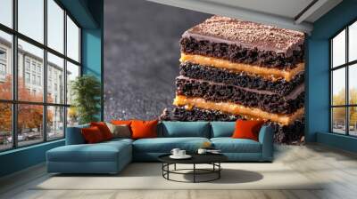 Decadent chocolate caramel cake slice Wall mural