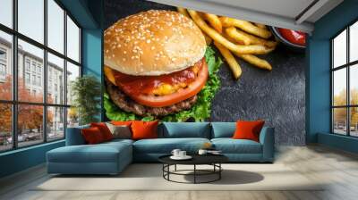 Delicious cheeseburger with french fries and ketchup Wall mural