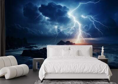 Dramatic storm with lightning over crashing waves on rocky coastline Wall mural