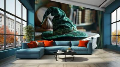 Enchanted Wizard Hat on Wooden Table Wall mural