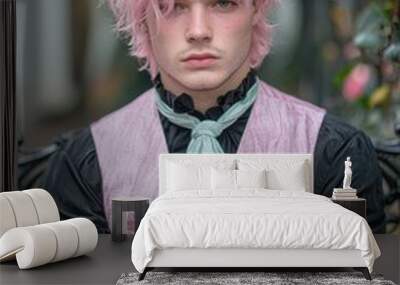 fashionable young man with pink hair and formal attire Wall mural