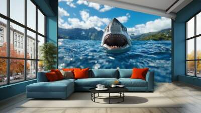 Fearsome shark emerging from crystal clear ocean waters Wall mural