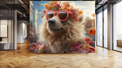 Fluffy dog wearing sunglasses and flower crown Wall mural