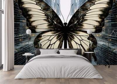 Futuristic city with butterfly silhouette Wall mural