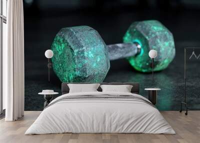 Glowing green dumbbells on a dark background Wall mural