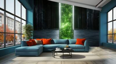 Glowing green energy cylinder in dark room Wall mural