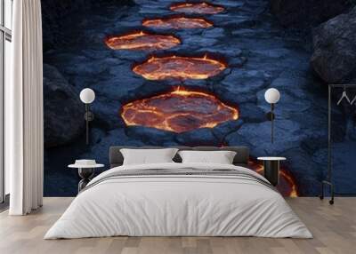 Glowing lava rocks in a dark river Wall mural