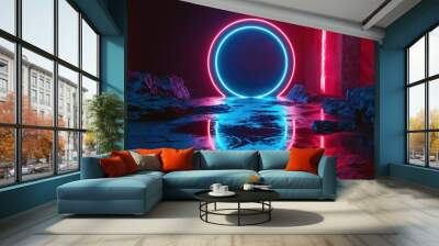 Glowing neon circles reflecting in water Wall mural