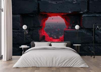 Glowing red portal in dark stone wall Wall mural