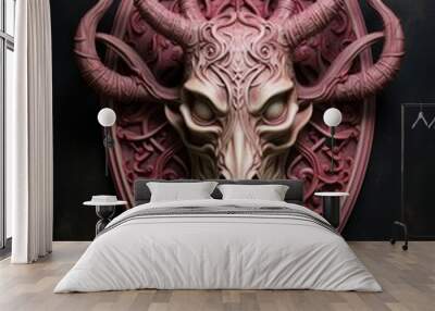 Intricate demonic skull shield with ornate pink design Wall mural