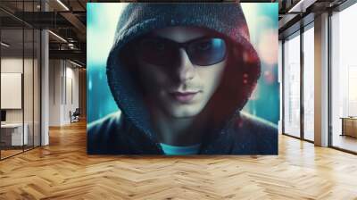 Mysterious person in hoodie and sunglasses against a blurred city lights background Wall mural