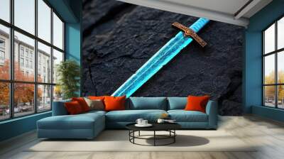 Ornate fantasy sword on dark slate background Wall mural