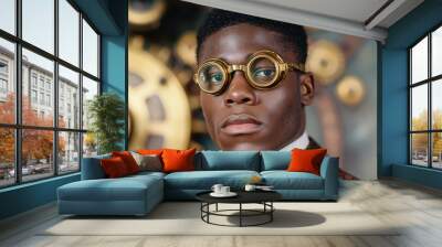 portrait of a young man wearing stylish golden goggles Wall mural