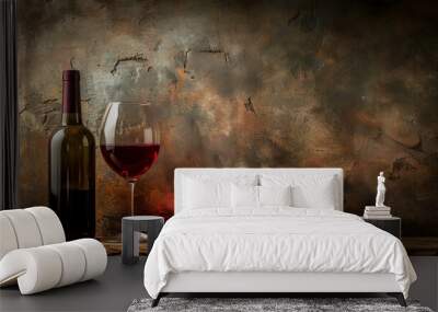 red wine bottle and glass on rustic wooden table Wall mural