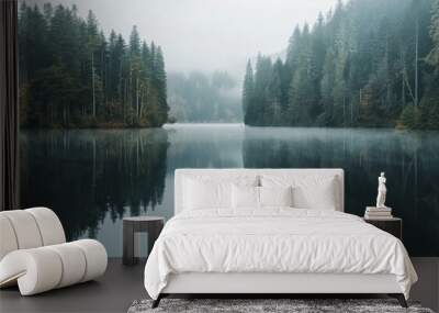 Serene forest lake with misty trees reflecting in the calm water Wall mural