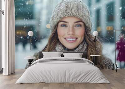 smiling woman in winter clothing Wall mural