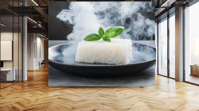 Steaming hot rice dish with fresh basil leaves Wall mural