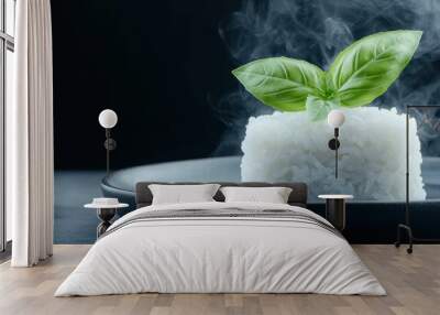 Steaming hot rice with fresh basil leaves Wall mural