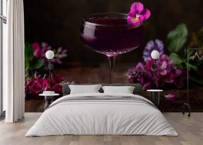 Vibrant cocktail with purple flower garnish Wall mural