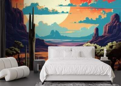 Vibrant desert landscape with mountains and moon Wall mural