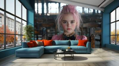 young girl with pink hair in an old building Wall mural