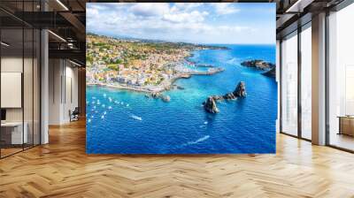 Landscape with aerial view of Aci Trezza, Sicily island, Italy Wall mural