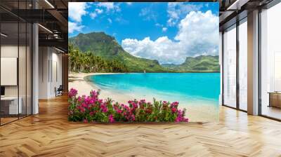 Landscape with Le Morne beach and mountain at Mauritius island, Africa Wall mural