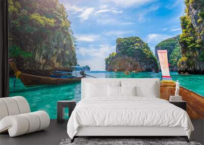 Landscape with  longtail boat on Loh Samah Bay, Phi Phi island, Thailand Wall mural