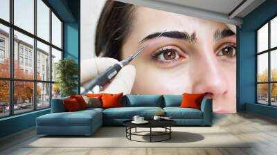 an eyebrow threader at work customers face a mix of pain and ant Wall mural