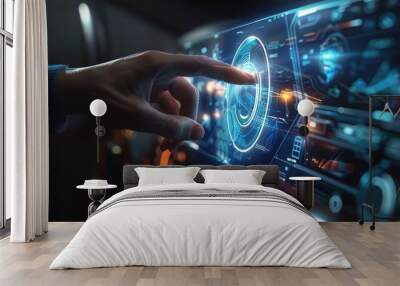 Man hand on dark background holding and touching holographic smart car interface projection 3D rendering  Wall mural