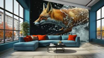 Beautiful red fox with splashing water on dark background Wall mural