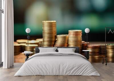 Pile of gold coins money stack in finance treasury deposit bank Wall mural