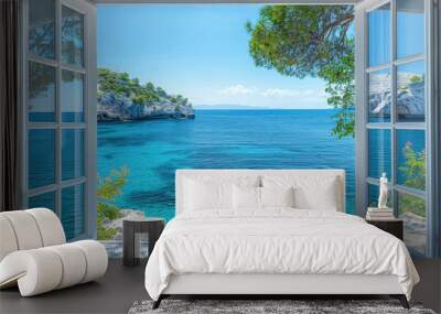 Amazing view from the open window of room overlooking blue sea with clean crystal water in sunny day, mediterranean scenic landscape. Wall mural