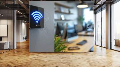 Black router with blue Wi-Fi symbol hangs on wall of bright, well-lit modern business office, blurred background Wall mural