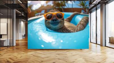 Cheerful happy sloth with sunglasses swimming in the pool on an inflatable blue circle. Concept of fun holidays in vacation Wall mural