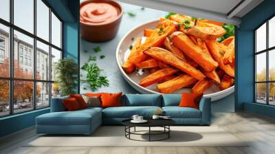 Close up baked sweet potato fries with sauce ketchup and salt on white plate on grey concrete background, tasty appetizer Wall mural