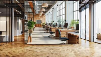 empty modern bright open space business office with wooden furniture, computers, glass partitions, p Wall mural