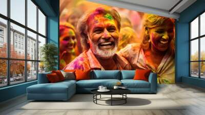 Joyful portrait of an affectionate adult caucasian couple celebrating vibrant Holi festival, their faces are decorated with multicolored powder, experience moments of happiness and unity with people Wall mural